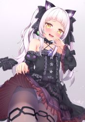Rule 34 | 1girl, absurdres, animal ears, bare shoulders, black bow, black dress, black ribbon, blunt bangs, blush, bow, cat ears, clothes lift, crotch seam, dress, dress lift, fangs, gmkj, gothic lolita, halterneck, highres, hololive, lifting own clothes, lolita fashion, long hair, long sleeves, looking at viewer, murasaki shion, murasaki shion (gothic lolita), open mouth, panties, panties under pantyhose, pantyhose, ribbon, silver hair, smile, smug, solo, thighband pantyhose, twintails, underwear, virtual youtuber, yellow eyes