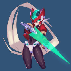 Rule 34 | aile (mega man zx), android, blonde hair, bodystocking, bodysuit, closed mouth, energy sword, gloves, green eyes, helmet, highres, holding, holding weapon, long hair, looking at viewer, mega man (series), mega man zx, model zx (mega man), ponytail, protected link, simple background, solo, spandex, sword, ukimukai, weapon