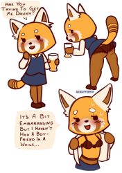 Rule 34 | 10s, 1girl, aggressive retsuko, alcohol, animal ears, artist name, ass, beer, bent over, black bra, black eyes, black footwear, black panties, black pantyhose, blue skirt, blue vest, blush, bra, breasts, cup, drink, drinking glass, drunk, english text, female focus, formal, from behind, full body, furry, furry female, glass, half-closed eyes, hand up, hands up, holding, lace, lace-trimmed panties, lace trim, legs apart, legs together, long sleeves, looking at viewer, looking back, meatbot, multiple views, open clothes, open mouth, open shirt, panda ears, panties, pantyhose, retsuko, shirt, shoes, simple background, skirt, skirt suit, small breasts, smile, speech bubble, standing, suit, sweat, tail, talking, text focus, underwear, undressing, upper body, vest, white background, white shirt