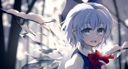 Rule 34 | :d, blue bow, blue dress, blue eyes, blue hair, blurry, blurry background, bow, bowtie, branch, cirno, collared shirt, commentary request, dise (psychoro), dress, hair bow, ice, ice wings, looking at viewer, open mouth, puffy short sleeves, puffy sleeves, red bow, red neckwear, shirt, short sleeves, smile, snow, teeth, touhou, tree, upper body, upper teeth only, wings