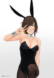 Rule 34 | 1girl, animal ears, arm support, bare shoulders, blush, breasts, brown hair, darkpulsegg, detached collar, eyepatch, fake animal ears, girls&#039; frontline, highres, looking at viewer, m16a1 (girls&#039; frontline), medium breasts, pantyhose, playboy bunny, rabbit ears, scar, scar across eye, scar on face, short hair, smile, solo, v, white background, wrist cuffs, yellow eyes