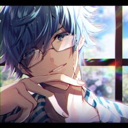 Rule 34 | 1boy, blue eyes, blue hair, blurry, blurry background, cloud, commentary request, day, eyewear strap, fate/grand order, fate (series), finger to own chin, fingernails, glasses, hair between eyes, hand up, hans christian andersen (adult) (fate), hans christian andersen (fate), letterboxed, looking at viewer, male focus, parted lips, portrait, shika (isk mjkss), sky, solo, teeth