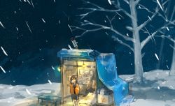 Rule 34 | 1girl, absurdres, bare legs, breath, commentary request, highres, night, original, outdoors, paper, shelter, snow, snowing, tree, tsushima sora