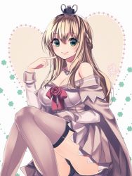 Rule 34 | 10s, 1girl, 8931ponzu, bare shoulders, black panties, blonde hair, blue eyes, braid, breasts, cleavage, crown, dress, eyebrows, flower, french braid, garter straps, grey thighhighs, hairband, kantai collection, long hair, long sleeves, mini crown, off-shoulder dress, off shoulder, panties, pantyshot, pointing, pointing at self, red flower, red ribbon, red rose, ribbon, rose, sitting, smile, solo, thighhighs, underwear, warspite (kancolle)