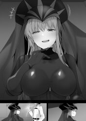 Rule 34 | 1boy, 1girl, blush, bodysuit, breasts, comic, elbow gloves, fate/grand order, fate (series), fujimaru ritsuka (male), gimp suit, gloves, greyscale, headdress, highres, kingprotea (fate), large breasts, latex, latex bodysuit, long hair, looking at viewer, monochrome, open mouth, silent comic, smile, thighs, veil, very long hair, wakamochi-ta, xochitonal (fate)