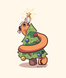 Rule 34 | 1other, candy, candy cane, chainsaw, chainsaw man, chaopiico, christmas tree, food, hat, highres, looking at object, looking up, pochita (chainsaw man), pull cord, santa hat, simple background, solo, twitter username, white background