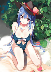Rule 34 | 1girl, bare legs, bare shoulders, barefoot, black hat, blue hair, breasts, cleavage, collarbone, day, food, fruit, hat, hat ribbon, highres, hinanawi tenshi, large breasts, long hair, looking at viewer, mole, mole on breast, peach, red eyes, red ribbon, ribbon, school swimsuit, sitting, solo, swimsuit, tetsurou (fe+), touhou, very long hair, wariza