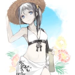 Rule 34 | 1girl, arms up, bad drawr id, bad id, bag, bemanilovers, bikini, bikini top only, black hair, blue eyes, contrapposto, cowboy shot, drawr, floral print, flower, hand on headwear, hat, long hair, looking at viewer, oekaki, sarong, side ponytail, smile, solo, standing, straw hat, swimsuit