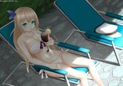 Rule 34 | 1girl, absurdres, alternate costume, artist name, bad id, bad pixiv id, beach chair, bikini, blonde hair, blue eyes, breasts, cleavage, cobblestone, collarbone, cup, day, drinking, drinking glass, drinking straw, dutch angle, food, fruit, hair ribbon, highres, jewelry, large breasts, lemon, lemon slice, lexington (warship girls r), long hair, looking at viewer, nanase rin (8021582), navel, necklace, outdoors, reclining, ribbon, side-tie bikini bottom, solo, swimsuit, very long hair, warship girls r, white bikini