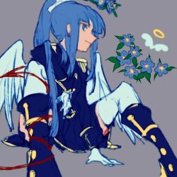 Rule 34 | 1girl, blue eyes, blue flower, blue footwear, blue hair, blue jacket, blue skirt, boots, closed mouth, earrings, facing to the side, flower, funamusea, gloves, grey background, high ponytail, jacket, jewelry, long hair, long sleeves, looking at viewer, ltra marine, radishcarbon, sketch, skirt, smile, solo, string, string of fate, thighhighs, white gloves, white thighhighs, wreath halo