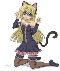 Rule 34 | 1girl, absurdres, animal ears, blonde hair, blue eyes, cat ears, cat tail, child, female focus, freckles, glasses, highres, rebecca hopkins, shuffledyandere, simple background, solo, tail, tongue, tongue out, white background, yu-gi-oh!, yu-gi-oh! duel monsters
