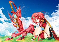 Rule 34 | 1girl, armor, ass, breasts, day, nintendo, outdoors, pyra (xenoblade), red hair, sitting, solo, sword, weapon, xenoblade chronicles (series), xenoblade chronicles 2, xenoblade chronicles (series), xenoblade chronicles 2