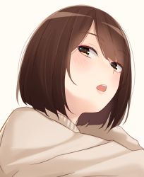 Rule 34 | 1girl, blush, bob cut, brown background, brown eyes, brown hair, brown sweater, commentary request, highres, kapatarou, looking at viewer, open mouth, original, short hair, simple background, solo, sweater, teeth, upper body, upper teeth only