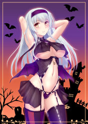 Rule 34 | 1girl, alternate costume, arms up, asymmetrical legwear, black thighhighs, blush, breast curtains, breasts, commission, halloween, halloween costume, headband, highres, kantai collection, large breasts, long hair, looking at viewer, mismatched legwear, navel, parted lips, ryu-akt, see-through, shoukaku (kancolle), skeb commission, solo, striped clothes, striped thighhighs, thighhighs, tombstone, underboob, white hair, wings