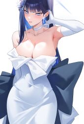Rule 34 | 1girl, absurdres, armpits, black hair, blue archive, blue eyes, blue halo, blush, breasts, choker, cleavage, collarbone, ddog, dress, earrings, elbow gloves, gloves, hair ornament, halo, highres, jewelry, large breasts, long hair, looking at viewer, official alternate costume, open mouth, saori (blue archive), saori (dress) (blue archive), simple background, solo, strapless, strapless dress, white background, white choker, white dress, white gloves