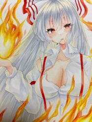 Rule 34 | 1girl, bow, breasts, cigarette, cleavage, collared shirt, fire, fujiwara no mokou, grey hair, hair bow, highres, large breasts, long hair, looking at viewer, natsume nadeshiko, pyrokinesis, red eyes, shirt, simple background, smoking, solo, suspenders, torn clothes, torn sleeves, touhou, traditional media, white background, white shirt