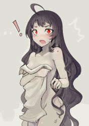 Rule 34 | !, 10s, 1girl, ^^^, abyssal ship, ahoge, black hair, blush, covering privates, grey background, isolated island oni, kantai collection, long hair, looking at viewer, naked towel, nude cover, open mouth, pov, solo, surprised, towel, very long hair, walk-in, walzrj, wavy hair, wet