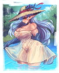 Rule 34 | 1girl, absurdres, black choker, blue hair, blue skin, blush, breasts, choker, colored skin, commentary, deltoids, dress, english commentary, female pubic hair, hat, highres, insouwu, large breasts, long hair, long pointy ears, looking at viewer, monster girl, multicolored skin, muscular, muscular female, naughty face, nipples, no bra, orange eyes, original, pointy ears, pond, pubic hair, pubic hair peek, see-through, see-through dress, sharp teeth, slit pupils, solo, spaghetti strap, strap slip, sun hat, tail, teeth, thick thighs, thighs, tongue, tongue out, two-tone skin, upper teeth only, wading, water, wet, wet clothes, wet dress