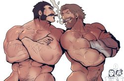 4boys, abs, amputee, arm hair, bara, beard, biceps, brown hair, chest hair, chibi, chibi inset, cigar, crossed arms, crossover, dark skin, dark skinned male, eye contact, facial hair, groin, hairy, hanzo (overwatch), large pectorals, league of legends, looking at another, malcolm graves, male focus, male pubic hair, mature male, mccree (overwatch), multiple boys, muscular, muscular male, mutton chops, navel, navel hair, nipples, overwatch, prosthesis, prosthetic arm, pubic hair, rybiokaoru, short hair, smoking, stomach, stubble, twisted fate, veins