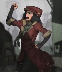 Rule 34 | 1girl, angry, black hair, coat, eyelashes, fallout (series), fallout 4, fingerless gloves, gloves, hat, highres, hone shoukan, open mouth, piper wright, red coat, short hair, solo, trench coat