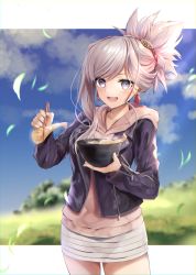 Rule 34 | 1girl, absurdres, blush, bowl, chopsticks, cloud, collarbone, cowboy shot, day, earrings, fate/grand order, fate (series), food, hane yuki, highres, holding, holding bowl, holding food, jacket, jewelry, long sleeves, looking at viewer, miyamoto musashi (fate), miyamoto musashi (under the same sky) (fate), open mouth, outdoors, ponytail, sky, solo, standing, under the same sky