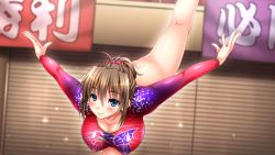 Rule 34 | 1girl, ass, athletic leotard, bare legs, blue eyes, blush, breasts, brown hair, cleavage, closed mouth, covered erect nipples, female focus, game cg, gymnastics, happy, indoors, kaneshiro wataru, large breasts, leaning forward, leg up, legs, leotard, looking at viewer, original, outstretched arms, rhythmic gymnastics, scrunchie, shiny clothes, smile, soku iki bishonure athlete!, solo, spread arms, standing, standing on one leg, thighs