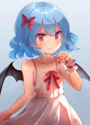 Rule 34 | 1girl, 60mai, alternate costume, bat wings, blue background, blue hair, blush, bow, chemise, collarbone, commentary request, cowboy shot, dress, fang, fang out, gradient background, hair bow, hand up, looking at viewer, nail polish, no headwear, pink dress, red bow, red eyes, red nails, red ribbon, remilia scarlet, ribbon, smile, solo, spaghetti strap, touhou, wings, wrist cuffs
