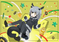 Rule 34 | 10s, 1girl, :o, animal ears, binturong (kemono friends), binturong ears, binturong tail, black gloves, black hair, black pantyhose, black shirt, blush, blush stickers, breasts, brown eyes, brown footwear, coin, coming out, commentary request, confetti, dot nose, eyelashes, full body, fur-trimmed sleeves, fur trim, gloves, grey hair, grey ribbon, grey skirt, hair ornament, hair ribbon, japari coin, jar, kanemaru (knmr fd), kemono friends, knees together feet apart, knmr (knmr fd), loafers, long sleeves, looking away, multicolored hair, neck ribbon, official art, open mouth, pantyhose, pectorals, pleated skirt, ribbon, romaji text, shirt, shoes, short hair, sidelocks, skirt, small breasts, socks, socks over pantyhose, solo, star (symbol), streamers, surprised, tail, tareme, tress ribbon, white ribbon, wide-eyed