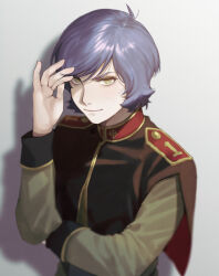 Rule 34 | 1boy, black capelet, capelet, closed mouth, commentary request, garma zabi, green eyes, green jacket, grey background, gundam, hand up, highres, jacket, long sleeves, looking at viewer, male focus, military jacket, military uniform, mobile suit gundam, purple hair, shadow, shoulder boards, simple background, smile, solo, uniform, upper body, ususio 11, zeon