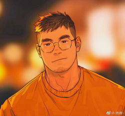 Rule 34 | 1boy, bespectacled, black eyes, blouse, brown hair, city lights, closed mouth, facial hair, glasses, looking at viewer, male focus, orange shirt, original, portrait, profile picture, realistic, round eyewear, shirt, solo, spiked hair, stubble, t-shirt, thick eyebrows, undercut, xian miao