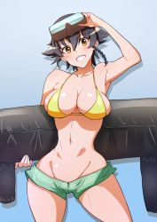 Rule 34 | 10s, 1girl, armpits, bare shoulders, baron (nsbaron), black hair, blush, breasts, brown eyes, cleavage, girls und panzer, goggles, goggles on head, gradient background, grin, groin, large breasts, looking at viewer, micro shorts, narrow waist, navel, pepperoni (girls und panzer), short hair, shorts, sideboob, smile, solo, standing, thighs, wide hips