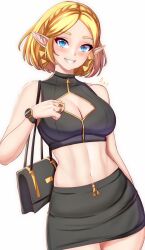 Rule 34 | 1girl, alternate costume, anisdrawn, artist name, bag, black skirt, blonde hair, blue eyes, braid, breasts, cleavage, cleavage cutout, clothing cutout, commentary, contemporary, crop top, crown braid, drop earrings, earrings, english commentary, grin, handbag, highres, jewelry, looking at viewer, medium breasts, midriff, multiple rings, nintendo, parted bangs, pencil skirt, pointy ears, princess zelda, ring, short hair, skirt, sleeveless, smile, solo, the legend of zelda, the legend of zelda: tears of the kingdom, triforce, triforce earrings, watch, white background, wristwatch