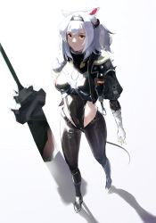 Rule 34 | 1girl, absurdres, animal ears, arknights, bandaged arm, bandages, black hairband, black leotard, black thighhighs, breasts, closed mouth, cropped jacket, foreshortening, from above, full body, genieko, hairband, highleg, highleg leotard, highres, jacket, leotard, long hair, looking at viewer, looking up, medium breasts, official alternate costume, one side up, open clothes, open jacket, planted, planted sword, planted weapon, scavenger (arknights), scavenger (survive) (arknights), short sleeves, sideless outfit, silver hair, simple background, solo, standing, sword, tail, thighhighs, weapon, white background, yellow eyes