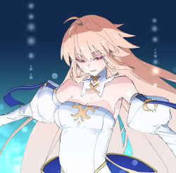 Rule 34 | 1girl, archetype earth, arcueid brunestud, bare shoulders, blonde hair, breasts, citron80citron, cleavage, detached collar, detached sleeves, dress, fate/grand order, fate (series), large breasts, long hair, long skirt, looking at viewer, parted lips, red eyes, skirt, smile, solo, tsukihime, very long hair, white dress