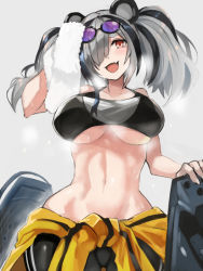 Rule 34 | 1girl, animal ears, arknights, bare shoulders, black hair, breasts, cleavage, clothes around waist, collarbone, commentary request, cowboy shot, edobox, eyewear on head, feater (arknights), feater (dojo star) (arknights), grey background, grey hair, hair over one eye, holding, holding towel, jacket, jacket around waist, large breasts, looking at viewer, multicolored hair, navel, official alternate costume, open mouth, sleeveless, solo, sports bra, standing, stomach, streaked hair, sunglasses, sweat, towel, twintails, underboob, wiping forehead