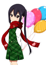 Rule 34 | 1girl, arms behind back, balloon, black hair, blush, brown eyes, dress, highres, k-on!, long hair, nakano azusa, official style, ragho no erika, scarf, smile, solo, twintails