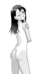 Rule 34 | 1girl, ass, black hair, blush, from behind, grin, ijiranaide nagatoro-san, long hair, looking at viewer, looking back, monochrome, nagatoro hayase, nude, one eye closed, smile, solo, szmitten, tan, white background
