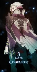 Rule 34 | 1boy, back, character request, code vein, collared jacket, highres, jacket, jacket on shoulders, jewelry, kurumi kobayashi, looking at viewer, looking back, official art, platinum blonde hair, ring, scar, simple background, tagme
