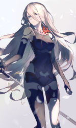 Rule 34 | 1girl, absurdres, android, aqua eyes, armlet, bare shoulders, black gloves, black shorts, black tank top, black thighhighs, breasts, closed mouth, collarbone, elbow gloves, eyes visible through hair, gloves, highres, joints, karasuro, long hair, nier (series), nier:automata, petals, robot joints, shorts, simple background, single thighhigh, solo, tank top, thighhighs, very long hair, weapon, white hair, a2 (nier:automata)