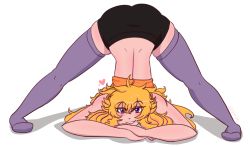 Rule 34 | 1girl, ass, blonde hair, flexible, heart, jack-o&#039; challenge, jo3mm, legs, long hair, looking at viewer, purple eyes, rwby, shorts, smile, solo, thighhighs, top-down bottom-up, white background, yang xiao long