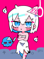 Rule 34 | 1girl, :t, @ @, ahoge, bare arms, bare legs, bare shoulders, blue eyes, blush stickers, breasts, character request, check copyright, claws, cleavage, closed mouth, copyright request, cowboy shot, crossed arms, crossed legs, dress, eyelashes, frown, ghost, hair ornament, hairclip, highres, holding cleaver, lipstick mark, lipstick mark on leg, looking at viewer, noose, octopus, original, pink background, pink nails, short dress, short hair, simple background, small breasts, solo, strapless, strapless dress, terada tera, tombstone, torn clothes, torn dress, triangular headpiece, v-shaped eyebrows, white dress, white hair