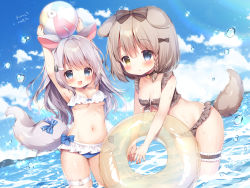 2girls animal_ears arms_up ball beach beachball bell bikini blue_bikini blue_eyes blush bow braid breasts brown_bikini brown_hair choker cleavage cloud dog_ears dog_girl dog_tail frilled_bikini frills hair_bow hair_ornament hairclip heterochromia highres holding innertube jingle_bell leaning_forward long_hair momozu_komamochi multicolored_bikini multiple_girls navel ocean original outdoors plaid_bikini plaid_clothes ribbon short_hair sky small_breasts swim_ring swimsuit tail thigh_strap two-tone_bikini wading white_bikini