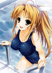 Rule 34 | 1girl, :d, absurdres, bare shoulders, blonde hair, bow, breasts, brown eyes, brown hair, cleavage, collarbone, competition swimsuit, covered erect nipples, hair bow, highres, large breasts, long hair, non-web source, one-piece swimsuit, open mouth, ponytail, pool, pool ladder, ribbon, smile, solo, swimsuit, water, wet, yellow eyes, yuuki hagure