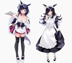 Rule 34 | 2girls, akitsuki (oenothera), alternate costume, animal ears, apron, black dress, black footwear, black hair, black legwear, blue eyes, blush, bow, breasts, choker, cleavage, closed mouth, coffee cup, collared dress, cup, disposable cup, dress, ear ribbon, eishin flash (umamusume), enmaided, frilled apron, frills, full body, gradient background, grey background, hair over one eye, hand up, highres, holding, holding plate, horse ears, horse girl, horse tail, juliet sleeves, large breasts, long hair, long sleeves, looking at viewer, maid, maid apron, maid headdress, multiple girls, pantyhose, plate, puffy sleeves, purple eyes, red choker, rice shower (umamusume), shoes, short hair, skirt hold, smile, spoon, standing, tail, thighhighs, umamusume, very long hair, white apron, white background, white bow, white legwear