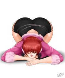 Rule 34 | 1girl, ass, bent over, breast press, breasts, clothes, female focus, hair between eyes, highres, huge ass, large breasts, long hair, looking at viewer, red hair, shermie (kof), simple background, skd, smile, snk, solo, the king of fighters, top-down bottom-up, twintails, white background