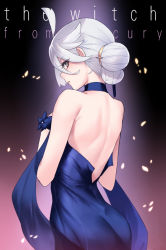 Rule 34 | 1girl, ahoge, armpits, ass, backless dress, backless outfit, ban! (bansankan), bare shoulders, blue dress, dress, english text, from behind, grey eyes, gundam, gundam suisei no majo, hair between eyes, hair bun, hair tie, highres, huge ahoge, looking at viewer, miorine rembran, parted lips, profile, sleeveless, solo, spotlight, taut clothes, taut dress, white hair