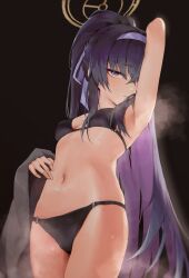 Rule 34 | 1girl, absurdres, arm up, armpits, bikini, black bikini, blue archive, blue hairband, breasts, hairband, halo, highres, long hair, looking at viewer, navel, official alternate costume, purple hair, simple background, small breasts, solo, steaming body, stomach, sweat, swimsuit, ui (blue archive), ui (swimsuit) (blue archive), very long hair, yohwa