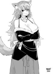 Rule 34 | 1girl, animal ear fluff, animal ears, artist name, bare shoulders, breasts, cleavage, collar, commission, crossed arms, facing viewer, feet out of frame, female focus, greyscale, highres, light smile, long hair, looking at viewer, medium breasts, monochrome, norman maggot, simple background, solo, standing, tail, white background