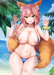 Rule 34 | 1girl, :d, animal ear fluff, animal ears, bare shoulders, beach, bikini, blue bikini, blue sky, blush, bracelet, breasts, cleavage, cloud, collarbone, cowboy shot, day, fang, fate/extra, fate/grand order, fate (series), fox ears, fox girl, fox tail, hair between eyes, hands up, hip focus, jewelry, large breasts, legs together, long hair, looking at viewer, navel, nipple slip, nipples, ocean, oni-noboru, open mouth, outdoors, palm tree, paw pose, pink hair, revision, shiny skin, sky, smile, solo, standing, stomach, swimsuit, tail, tamamo (fate), tamamo no mae (fate/extra), tamamo no mae (swimsuit lancer) (fate), thighs, tree, yellow eyes