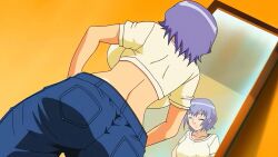 Rule 34 | 1girl, animated, anime screencap, arbeit shiyou!! let`s arbeit!, ass, backboob, breasts, butt crack, denim, dressing, from behind, harase yuri, highres, interior, jeans, large breasts, mirror, panties, pants, purple hair, reflection, screencap, solo, tagme, underwear, video